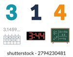 Colored outline vector icons for math education, representing Pi constant, numbers, digital clock, and blackboard calculation formulas.
