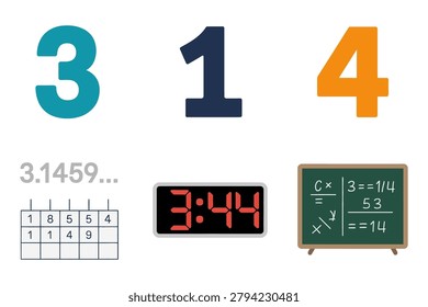 Colored outline vector icons for math education, representing Pi constant, numbers, digital clock, and blackboard calculation formulas.