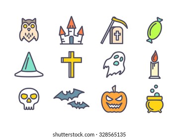 Colored outline vector icons set for Halloween party decoration. Cross, skull, bats and grave signs for design. Owl, ghost, pumpkin, castle and cauldron symbols
