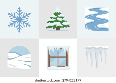 Colored outline vector icons for winter nature, showing pine tree, frozen river, snowflake, icicles, and frosty window.