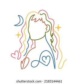 Colored Outline Vector Illustration Woman Head, Moon And Stars. Inspirational Nature Lover Print Design, Healing Meditation, New Age Concept Art, Modern Female Abstract