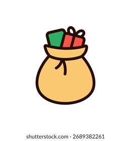 Colored outline vector of Santa's sack filled with gifts. Great for holiday delivery visuals, Christmas icons, and festive sale graphics.