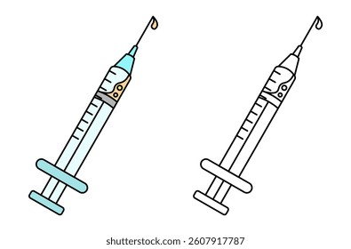 colored and outline version of medical injection. Showing a needle with a drop of liquid at the tip, symbolizing the act of injection or vaccination. editable strokes