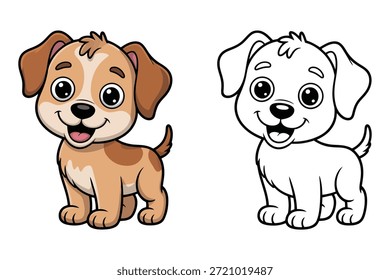Ilustraciones de perro de dibujos animados coloreados y delineados lado a lado Ilustración de cachorro animal sonriendo feliz blanco