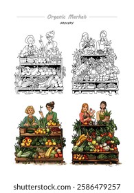 colorido delineado, para colorir por exemplo, mercado orgânico mercearia, produtos agrícolas, frutas e legumes em barracas, vendedoras femininas e agrônomos