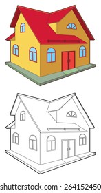 Colored & outlined cottage isolated on white background, vector illustration