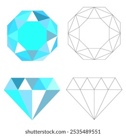 Diamantes coloreados y delineados. Formas geométricas de piedras preciosas. Diseño de Vector poligonal. Detalles de cristal azul.