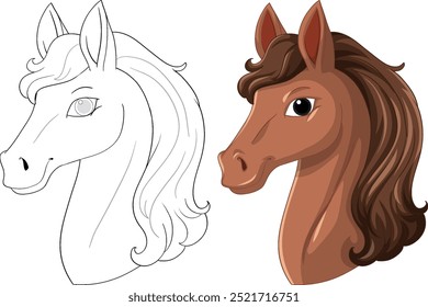 Ilustración de cabeza de caballo coloreada y delineada
