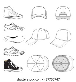 Colored outlined sneakers & baseball cap set  vector illustration isolated white background