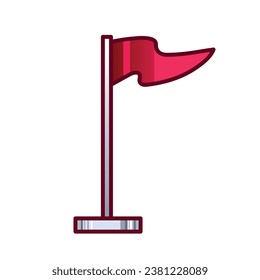 Colored and outlined triangular flappy red flag on gray flagpole vector icon illustration isolated on square white background. Simple flat cartoon art styled drawing.