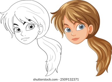 Versiones coloreadas y delineadas de la cara de una niña