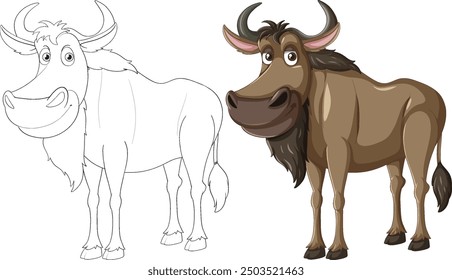 Colored and outlined wildebeest vector illustration