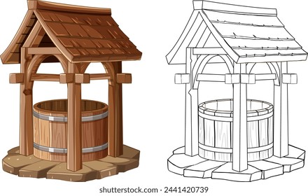 Colored and outlined wooden well drawings side by side.