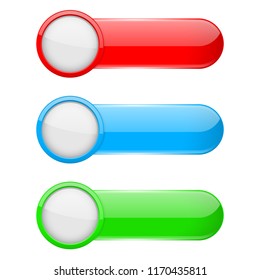 Colored oval buttons with white circles. 3d glass menu icons. Vector illustration isolated on white background