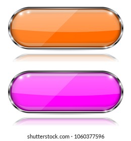 Colored oval glass 3d buttons with metal frames and reflection. Vector illustration isolated on white background
