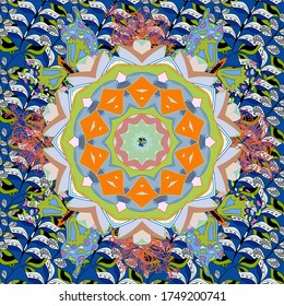 Colored over blue, green. Invitation Card, Scrapbooking. Christmas Card Mandala Design. Decorative Indian Round Mandala on blue, neutral and green colors. Islam, Arabic, Indian, Turkish, Pakistan.