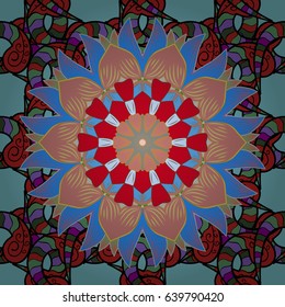Colored over blue. Colored stickers, flash temporary tattoo, mehndi and yoga design, boho, magic symbol. Decorative ornate round mandala. Invitation, wedding card, scrapbooking. Vintage vector pattern