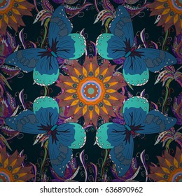 Colored over blue. Vintage vector pattern. Colored stickers, flash temporary tattoo, mehndi and yoga design, boho, magic symbol. Invitation, wedding card, scrapbooking. Decorative ornate round mandala