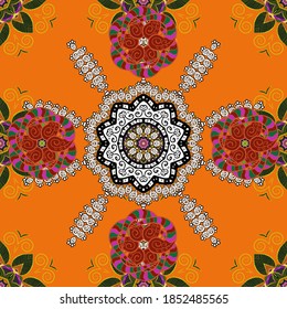 Colorido sobre blanco, rojo, naranja. Patrón vectorial vintage. Mandala redonda decorativa. Coloridos stickers, tatuaje temporal flash, diseño de mehndi y yoga, boho. Invitación, tarjeta de boda, reserva de recortes
