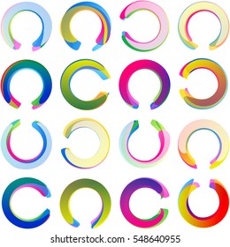 Colored overlapping circles; Arcs rounded multicolored banners, circular medals and half rings labels swirled in the c-horseshoe form; Vector icons set Eps10