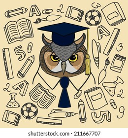 colored owl on background painted school supplies