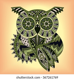 Colored owl in tattoo design. Editable vector illustration.