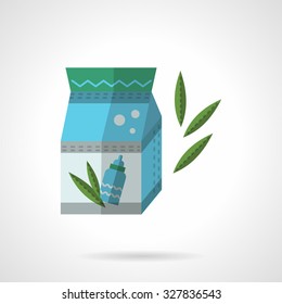 Colored pack of infant formula with label of blue milk bottle and green leaves. Organic baby food. Flat color vector icon. Design elements for site, business or mobile.