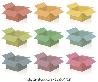 Colored packages - nine different three-dimensional illustrated open cardboard boxes on white background.