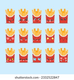 Colored packs of french fries in cartoon style with emotions