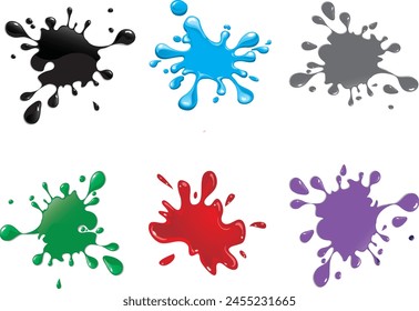 Iconos vectoriales de gotas de pintura de colores. Gotas y salpicaduras de tinta de colores. Mancha colorida y salpicadura 3D con Vector de ilustración de sombra editable.