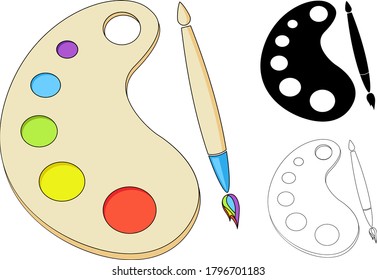 Colored paint palette with brush, black and white and line styles