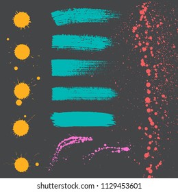 Colored paint splashes, blots and brush strokes. Set of hand drawn background for design use.