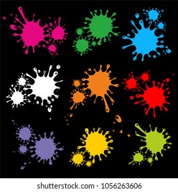 Colored paint splashes collection, isolated on black background. Colorful ink spots set. Splash splatter abstract shape. Vector illustration