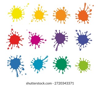 Coleção de respingos de tinta colorida, isolada no fundo branco. Forma abstrata de respingo.  Plano de fundo do splash do arco-íris. Conjunto de manchas coloridas no fundo branco. Conjunto de 12 cores. Cor do arco-íris. de volta à escola. projetos de arte e artesanato, scrapbooks Ilustração vetorial
