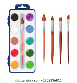 Colored paint and variety brush for art school, office, workshops. Colorful drawing tools for kids, pupils and students. Painting supplies, art party. Back to school and education concept. Vector