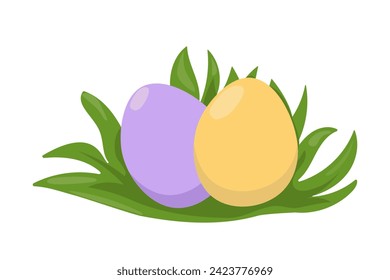 Colored painted eggs lie on the grass. Vector cute drawing isolated on white background. Laconic template for design