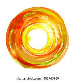Colored paints splashes circle with patches of sunlight and bokeh,  isolated on white background. Abstract design elements. Vector illustration. 
