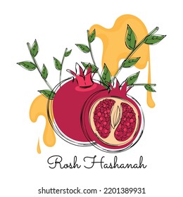 Colored pair of pomegranate with honey and leaves Rosh Hashanah Vector