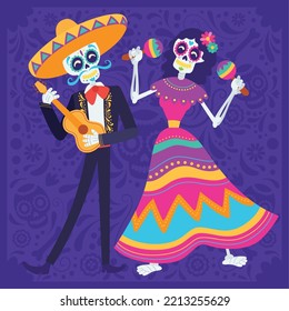 Colored pair of skull characters Dia de los muertos poster Vector illustration