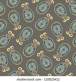Colored paisley seamless pattern on grey background.