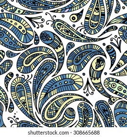 Colored paisley seamless pattern, white background