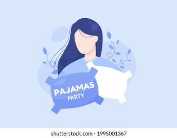 Colored pajama party banner with you're invited to pajama party. Cute girl with pillows and with text. Flat design. Blue and white