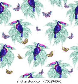 Colored palm leaves, butterflies, toucans, seamless pattern, vector illustration