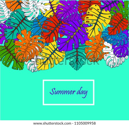 colored palm leaves on orange background, beautiful vector illustration, hand drawing