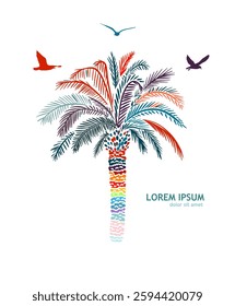 Colored palm tree. hand drawn. Not AI, Vector illustration.