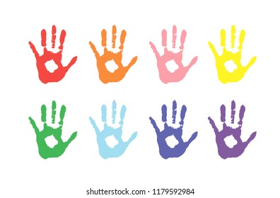 colored palms in paint. Vector background, color prints of hands symbolizes friendship.