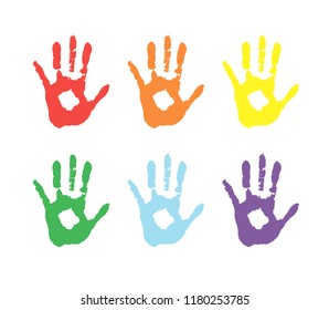 colored palms in paint. Vector background, color prints of hands symbolizes friendship.