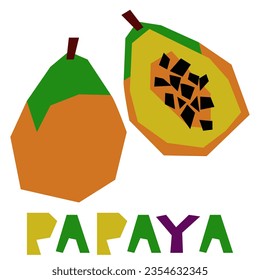Colored papaya, whole and in section, highlighted on a white background. The original signature is papaya. Juicy summer fruits for packaging organic food. Geometric stylized flat vector illustration