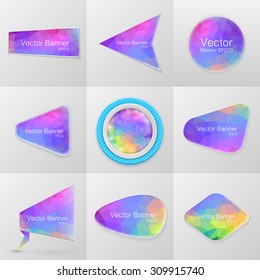 Colored paper banners set. Geometric style texture. With space for text. Isolation on a gray background. Vector illustration.