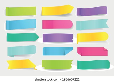 Colored paper bookmark sticker or sticky index notes set. Notice page tape label with curled edge for reminder and important information, pointing sheet stripe vector illustration isolated on white